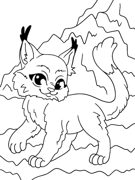 Premium vector cute lynx kitten children picture coloring black stroke white background