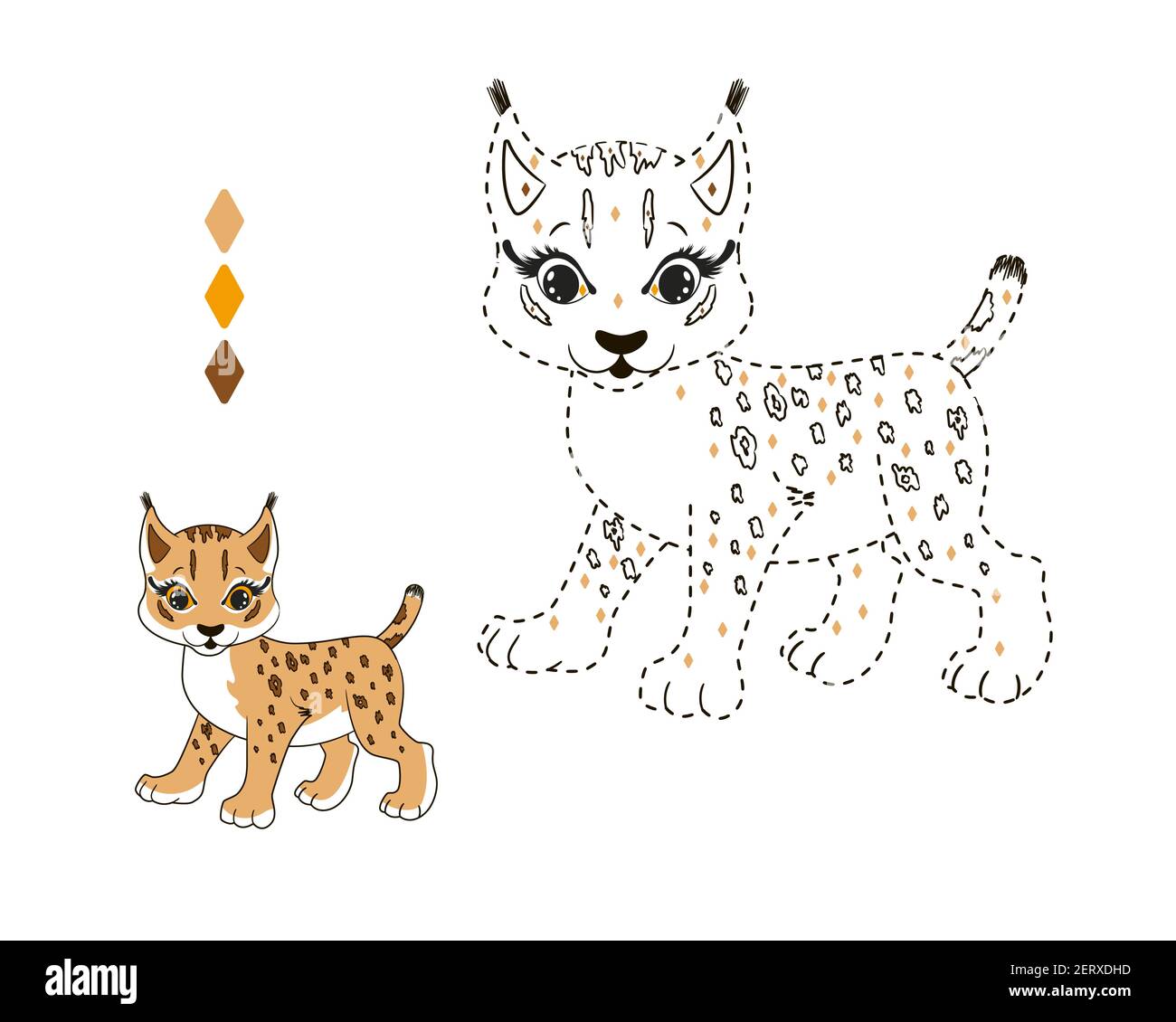 Little lynx coloring book by numbers by color for kidsvector illustration in cartoon style isolated line art dotted stroke stock vector image art