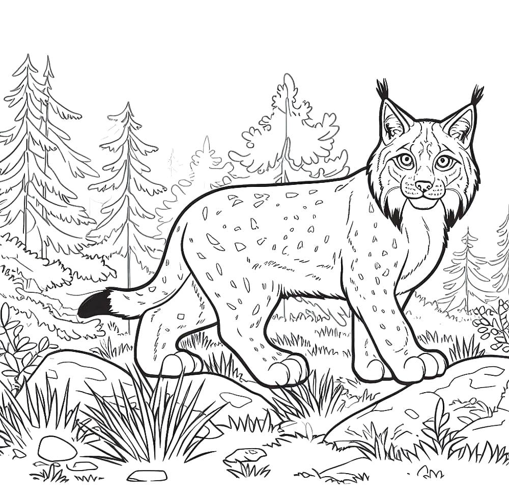 Cute lynx in the forest coloring page