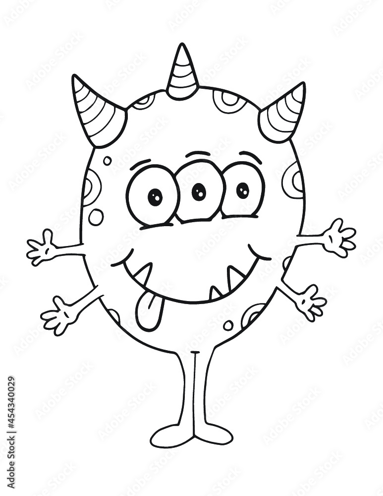 Happy silly cute monster vector illustration coloring book page art vector