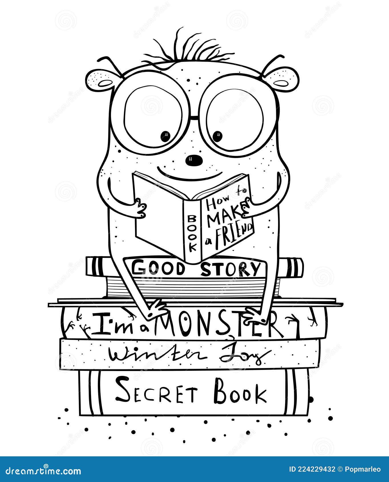 Reading books monster character for coloring book stock vector