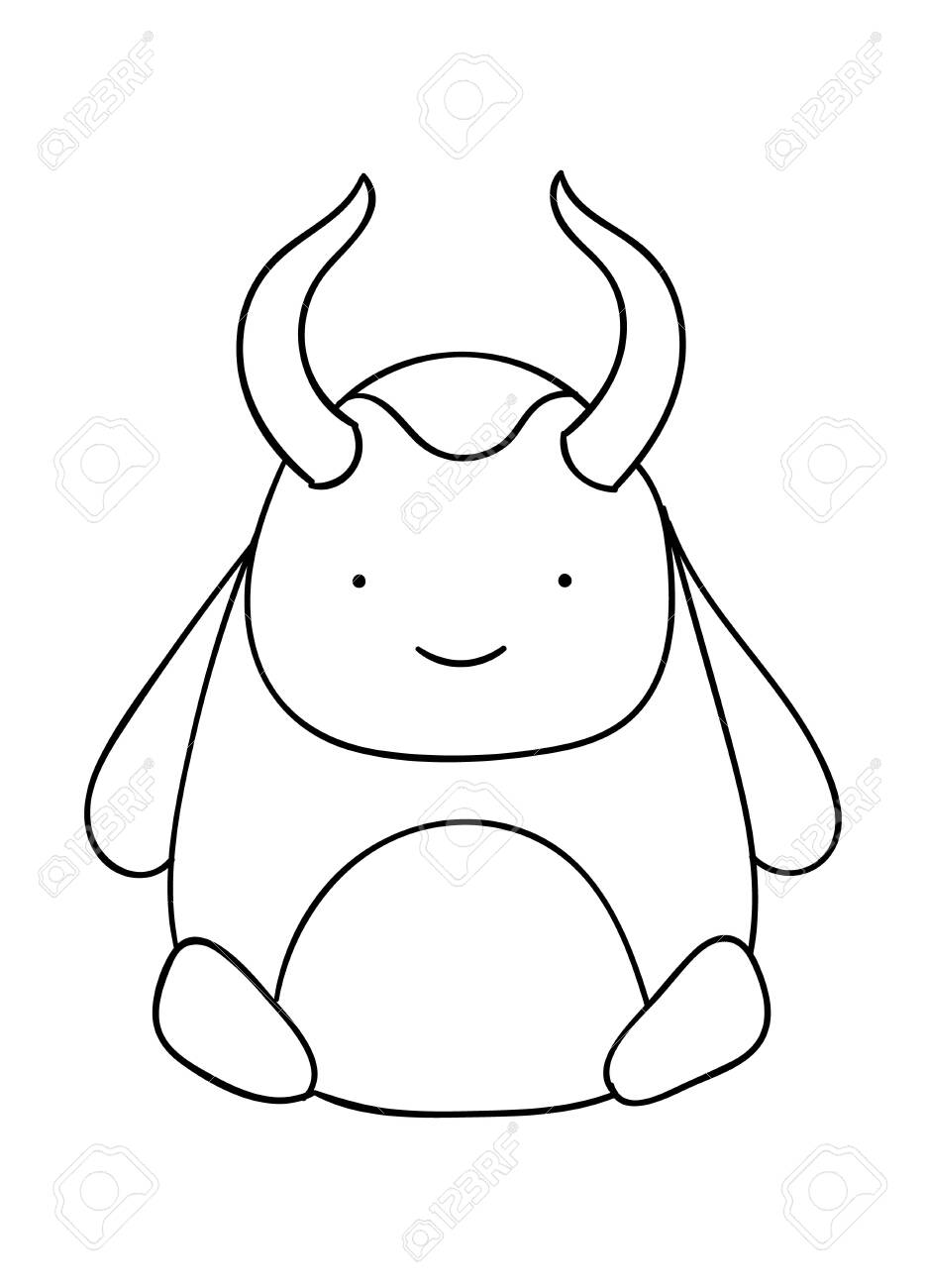 Coloring pages black and white cute hand drawn monster with horns doodles print royalty free svg cliparts vectors and stock illustration image