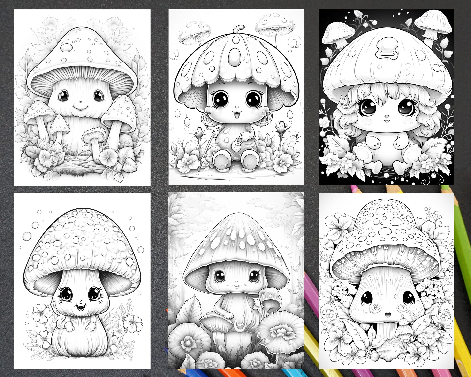 Kawaii mushrooms grayscale coloring pages for adults printable pdf â coloring