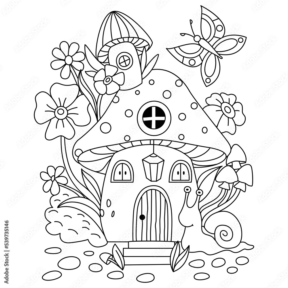 Cute mushroom house with flowers decoration snell and butterfly outline artwork coloring pages vector