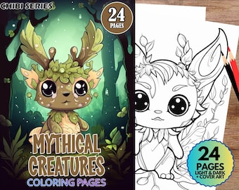 Cute mythical creature coloring pages instant pdf download grayscale adult kid coloring chibi