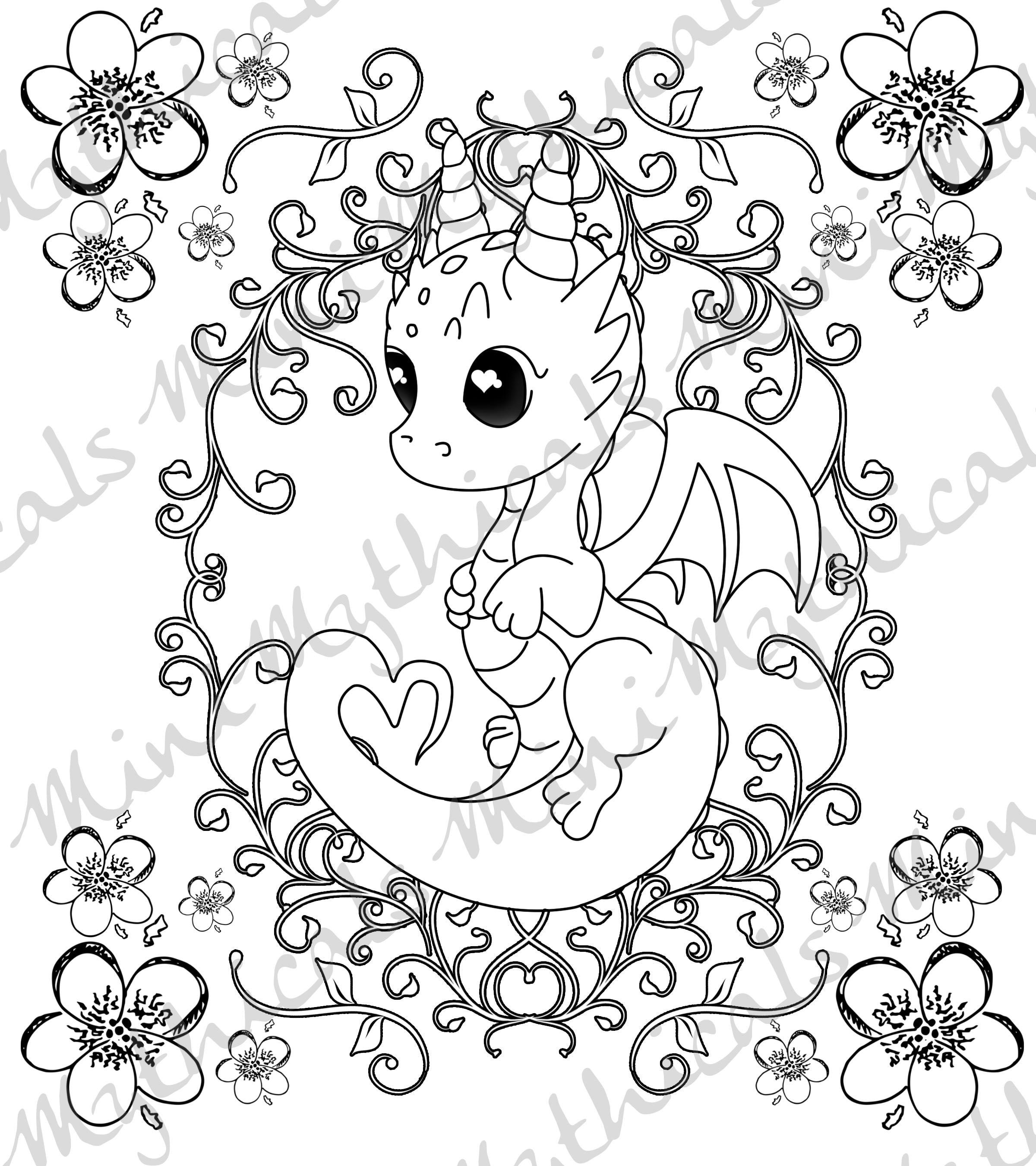 Minimythicals adult kids coloring page pack of cute mythical creature coloring dragon griffin kawaii