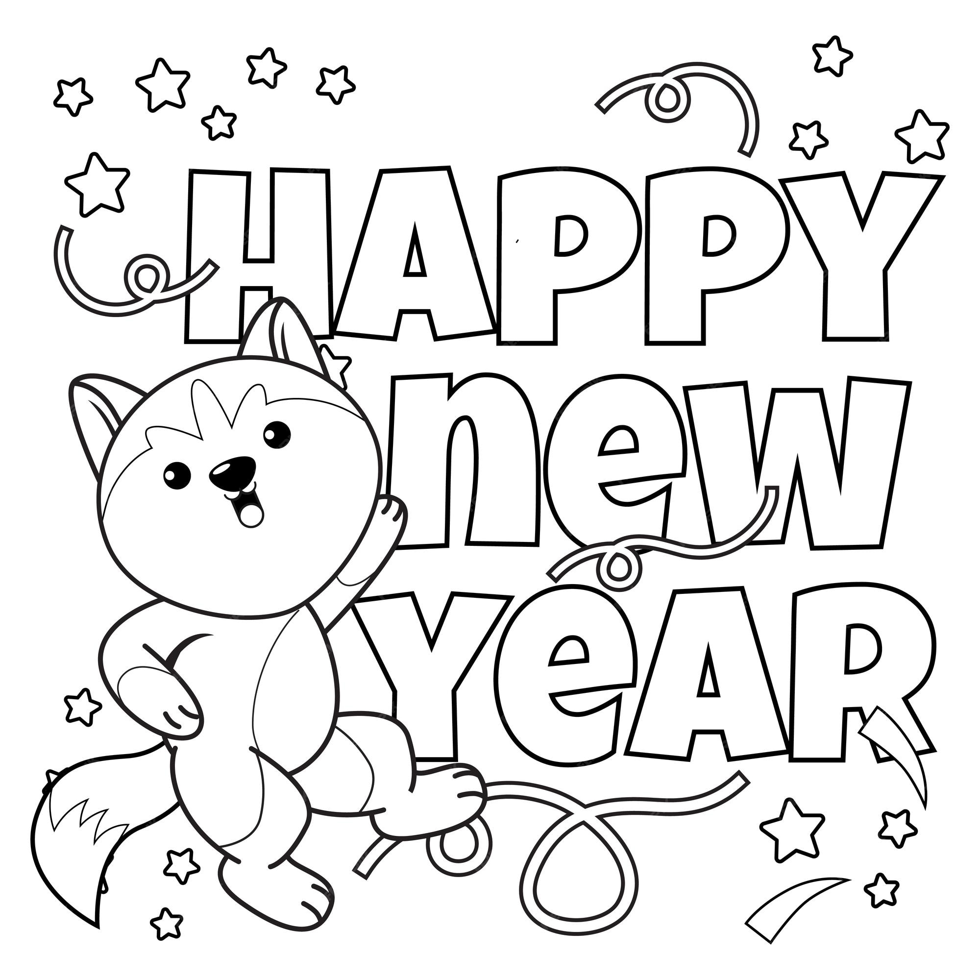 Premium vector happy new year coloring book with cute husky