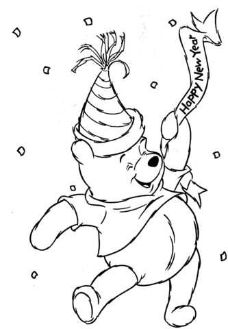 Winnie the pooh is celebrating happy new year coloring page free printable coloring pages