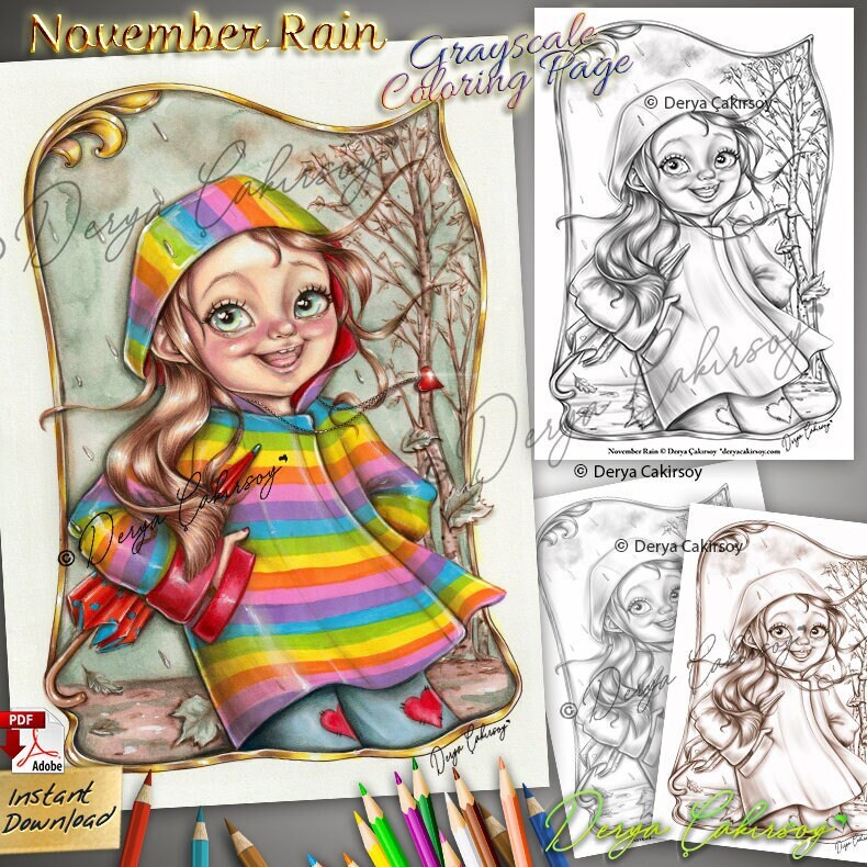 November rain grayscale premium coloring page cute big eyed girl illustration printable instant download pdf by derya cakirsoy