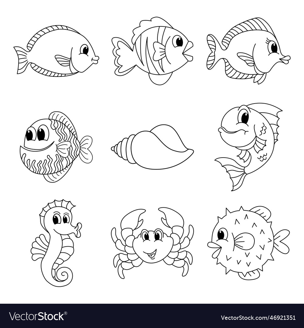 Cute sea fish set cartoon coloring page royalty free vector