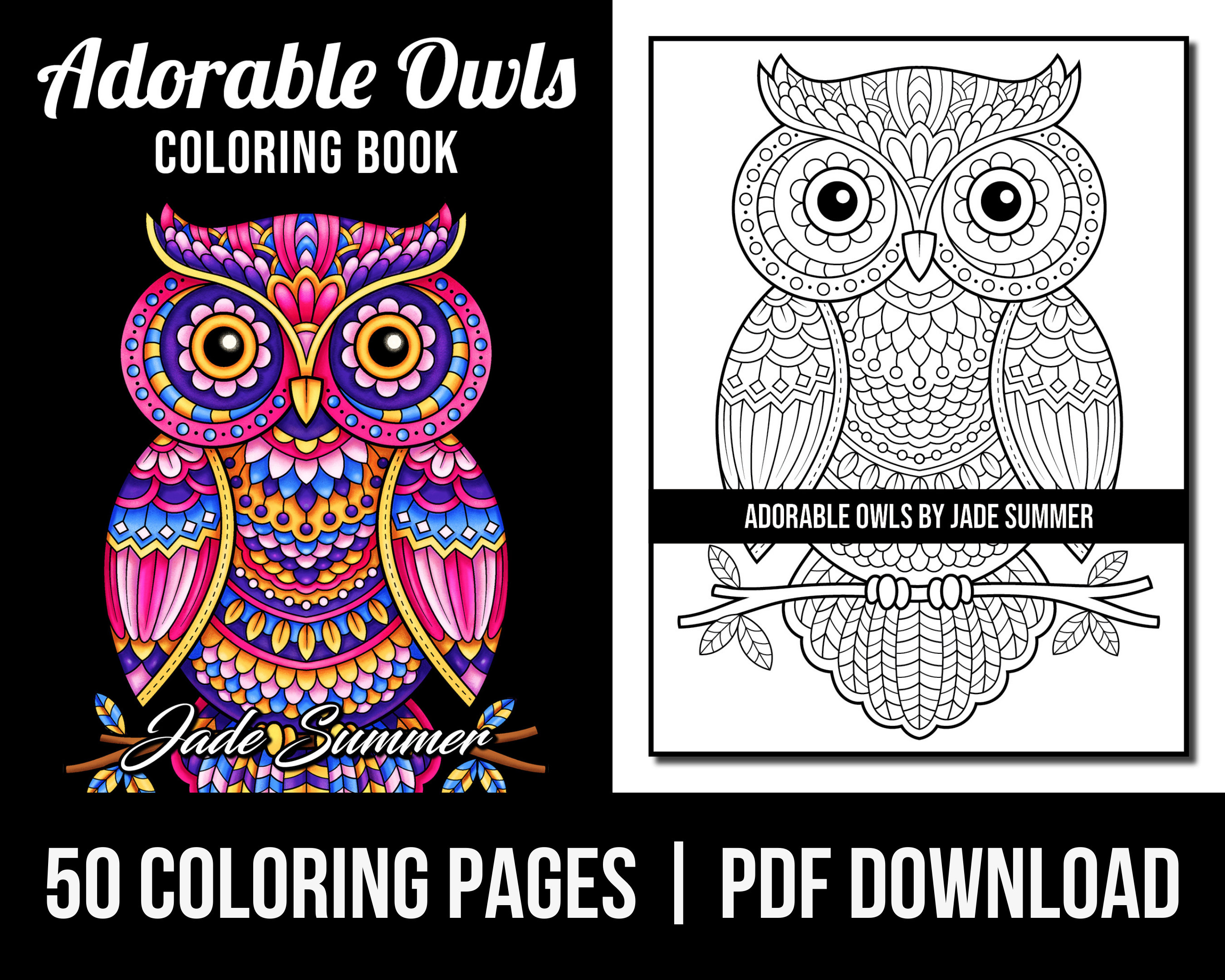 Animal coloring pages adorable owls adult coloring book by jade summer digital coloring pages printable pdf download