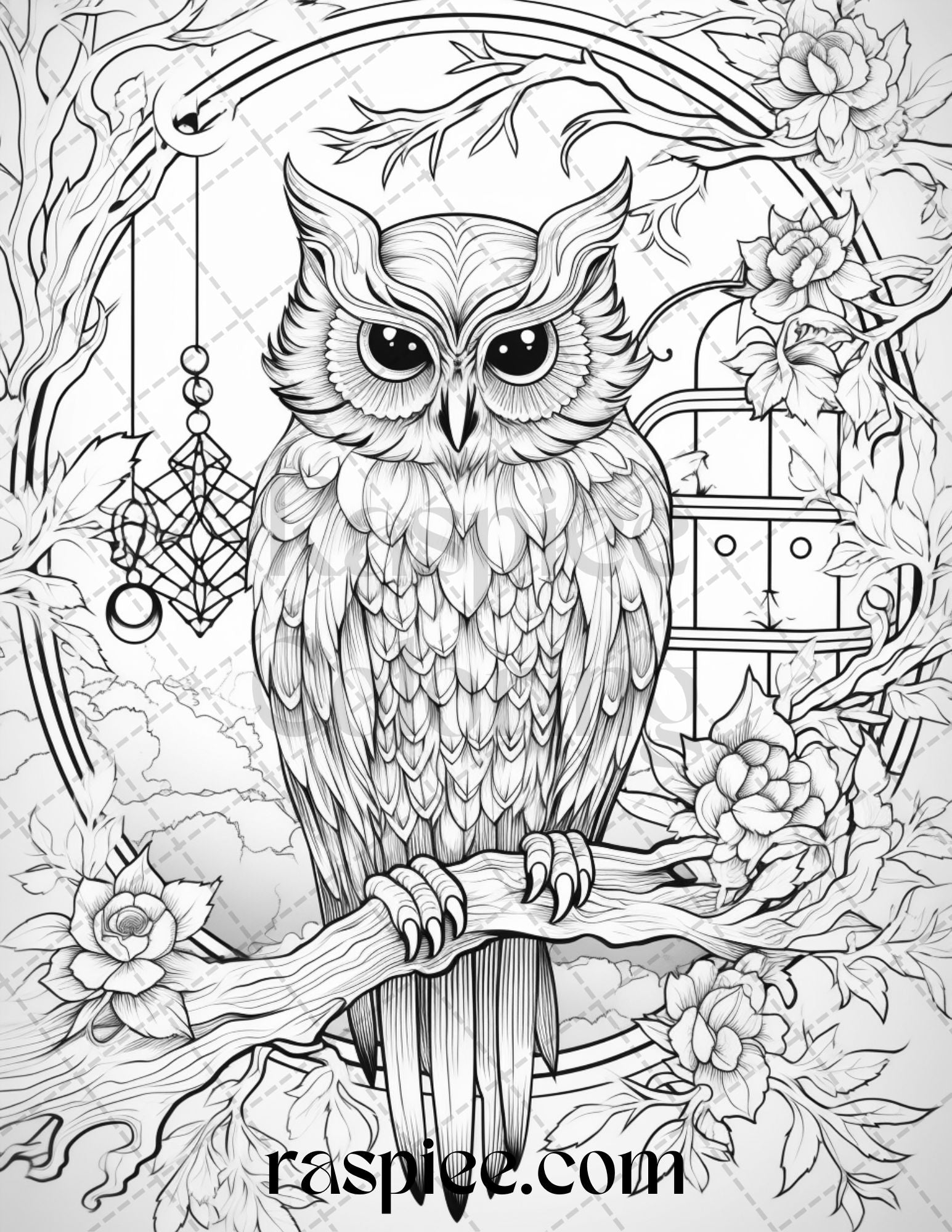 Floral owl grayscale printable coloring pages for adults pdf file â coloring