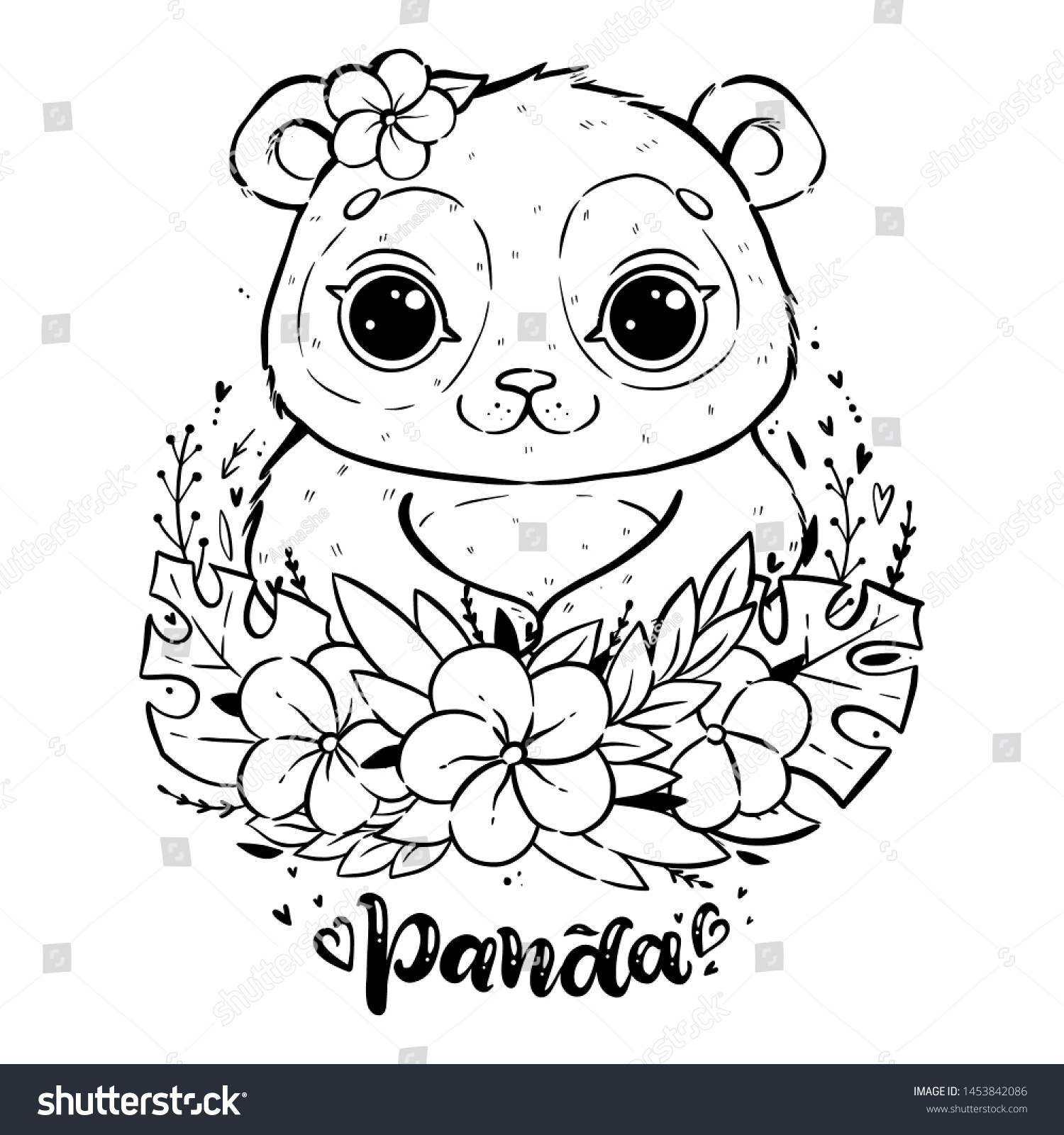 Portrait cute panda tropical leaves flowers stock vector royalty free