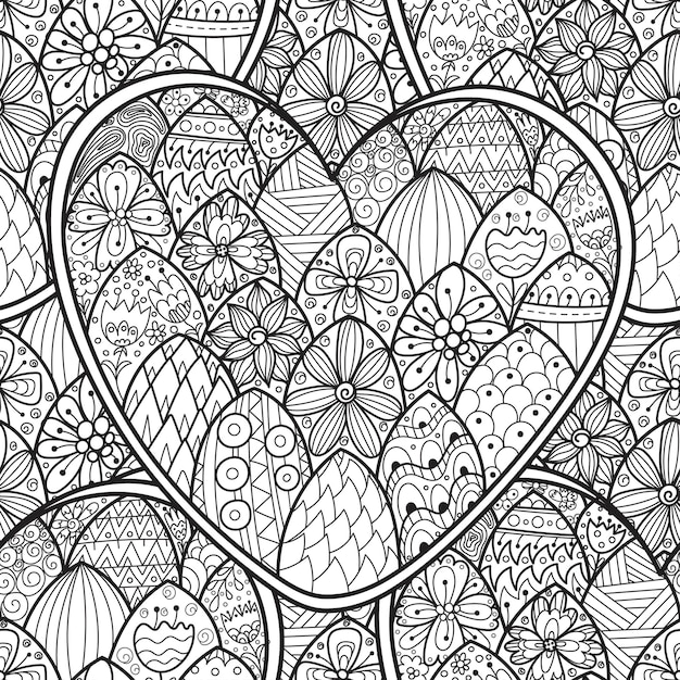 Premium vector cute doodle heart black and white seamless pattern for coloring book love mandala outline background creative coloring page for adults and kids vector illustration