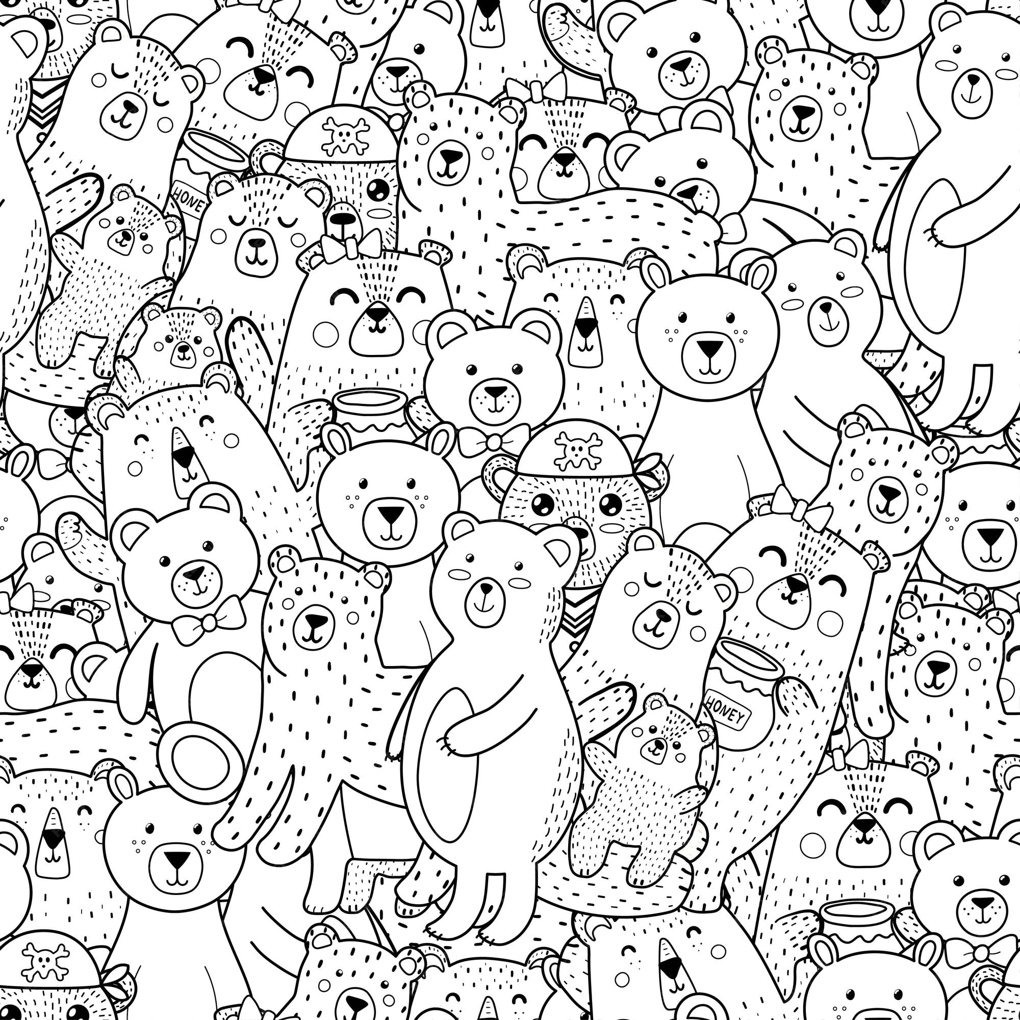 Premium vector cute bears seamless pattern for coloring book black and white forest animals coloring page