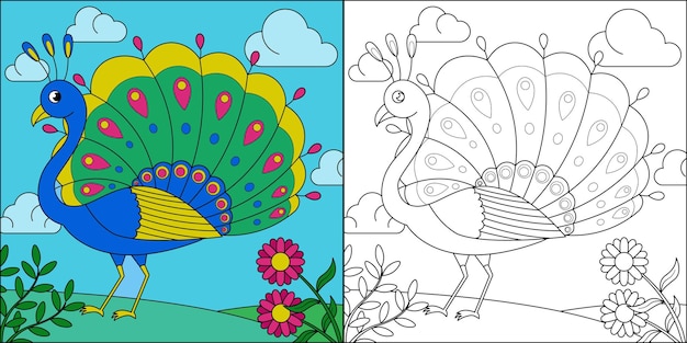 Premium vector beautiful peacock suitable for childrens coloring page vector illustration