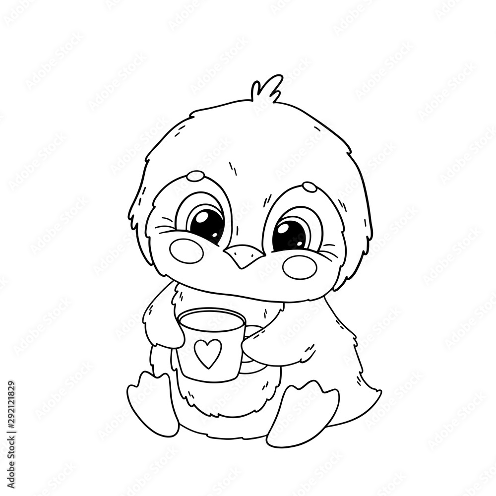 Cute penguin with cup of coffee christmas coloring book page vector