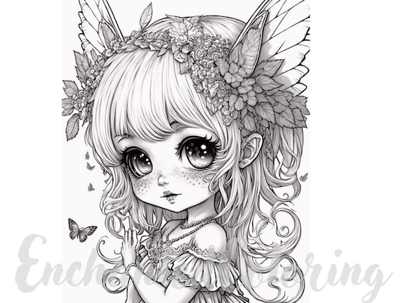 Kawaii chibi fairy coloring page printable adult coloring pages book download lightdark greyscale illustration