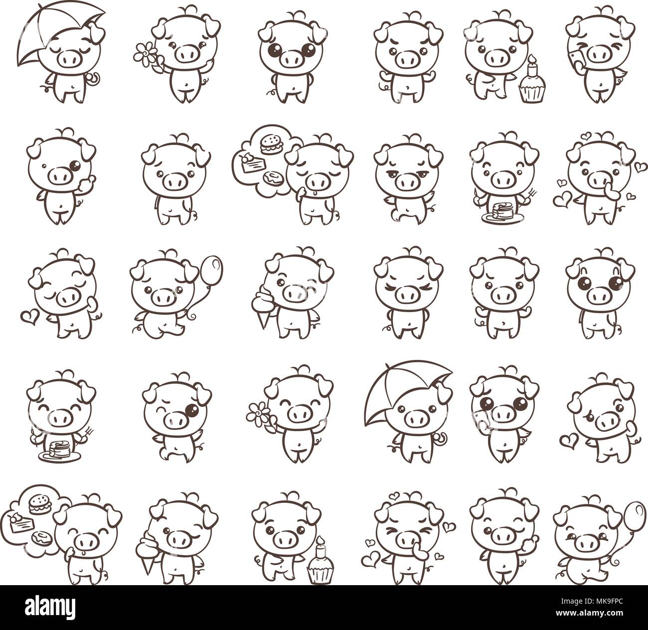 Coloring page with collection of cutest pig character icon set with different emotions vector illustration for new year set of small piggy stock vector image art