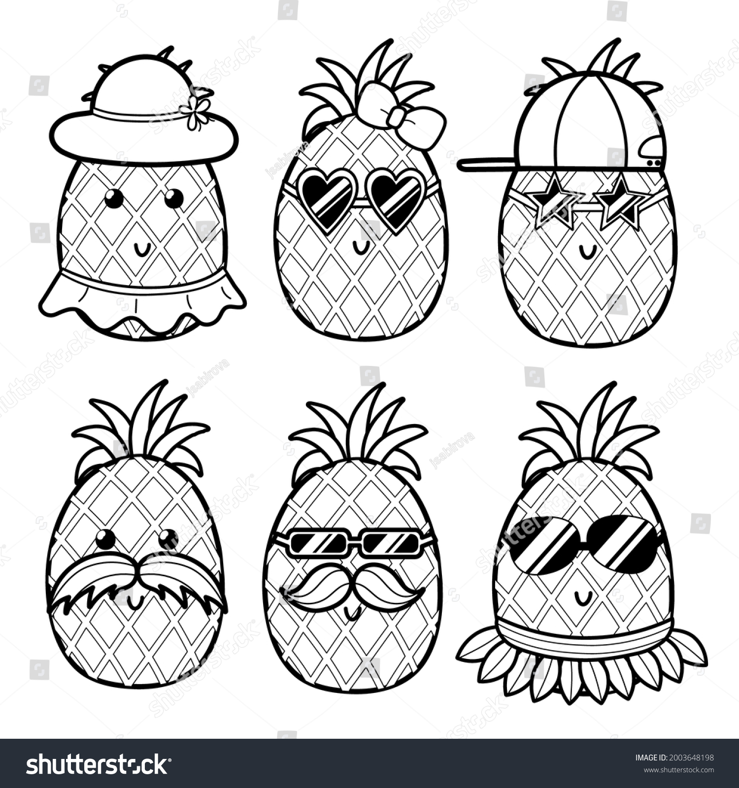 Hakuun cute black white pineapple set coloring liittyvã vektorikuva rojaltivapaa