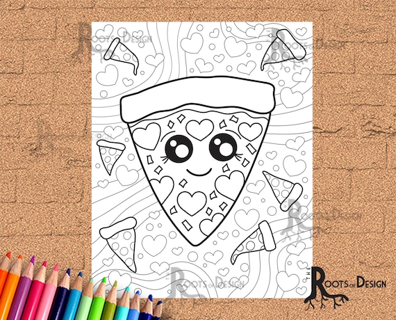 Instant download coloring cute pizza with heart pepperoni coloring page print doodle art printable