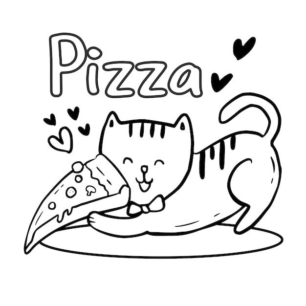 Premium vector coloring page with cute cat holding pizza