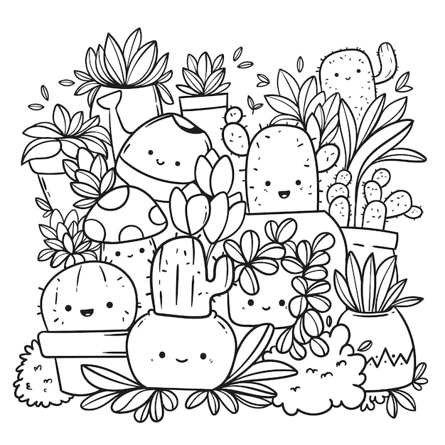 Kawaii plants coloring page vectors illustrations for free download