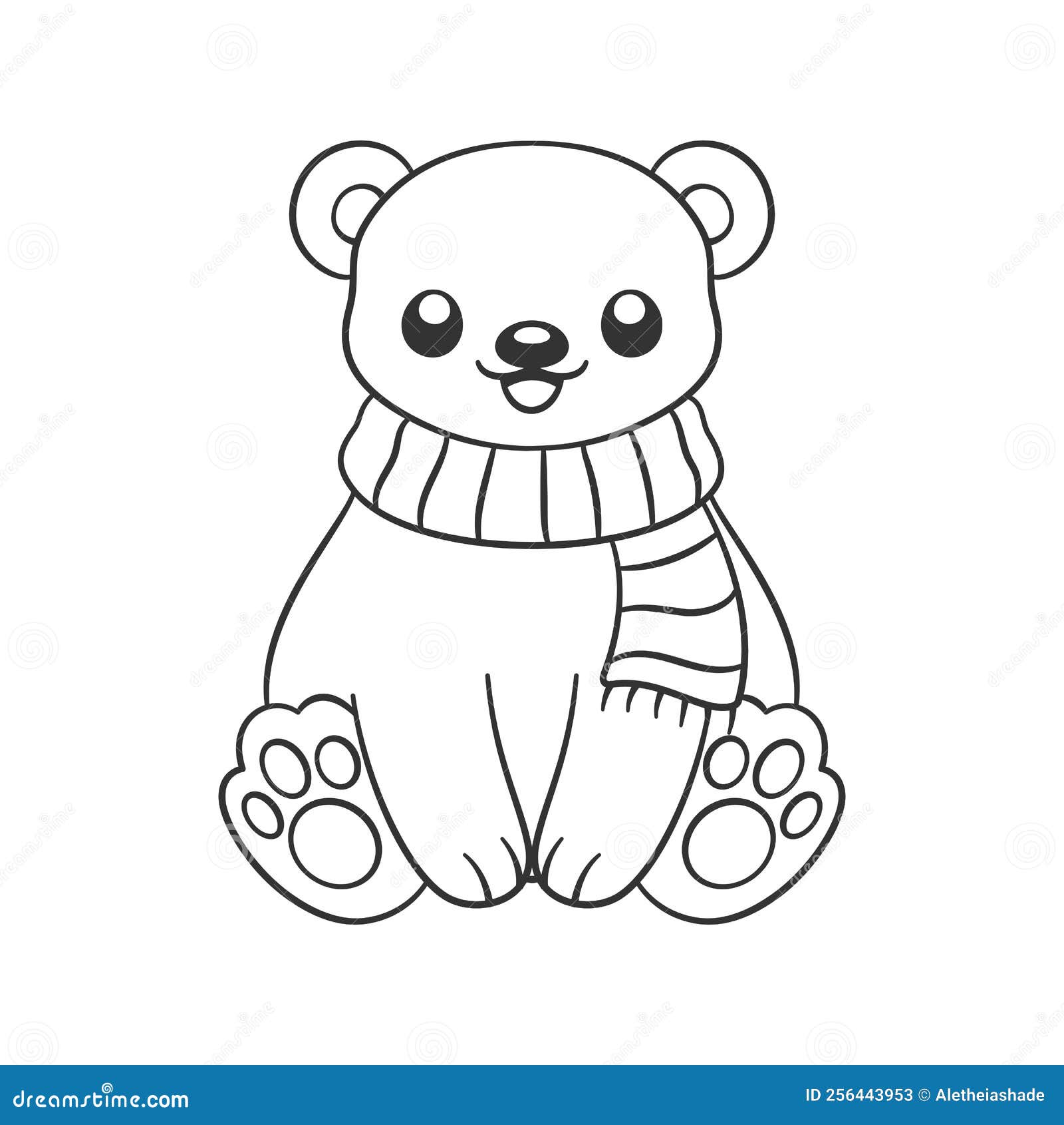 Cute chibi snow polar bear wearing a scarf outline doodle animal cartoon illustration winter wildlife christmas theme coloring stock vector