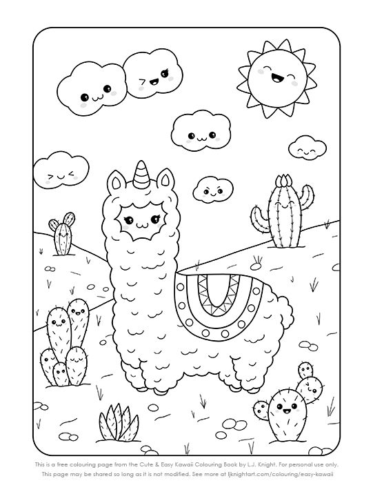 Free cute kawaii llama printable colouring page lj knight art