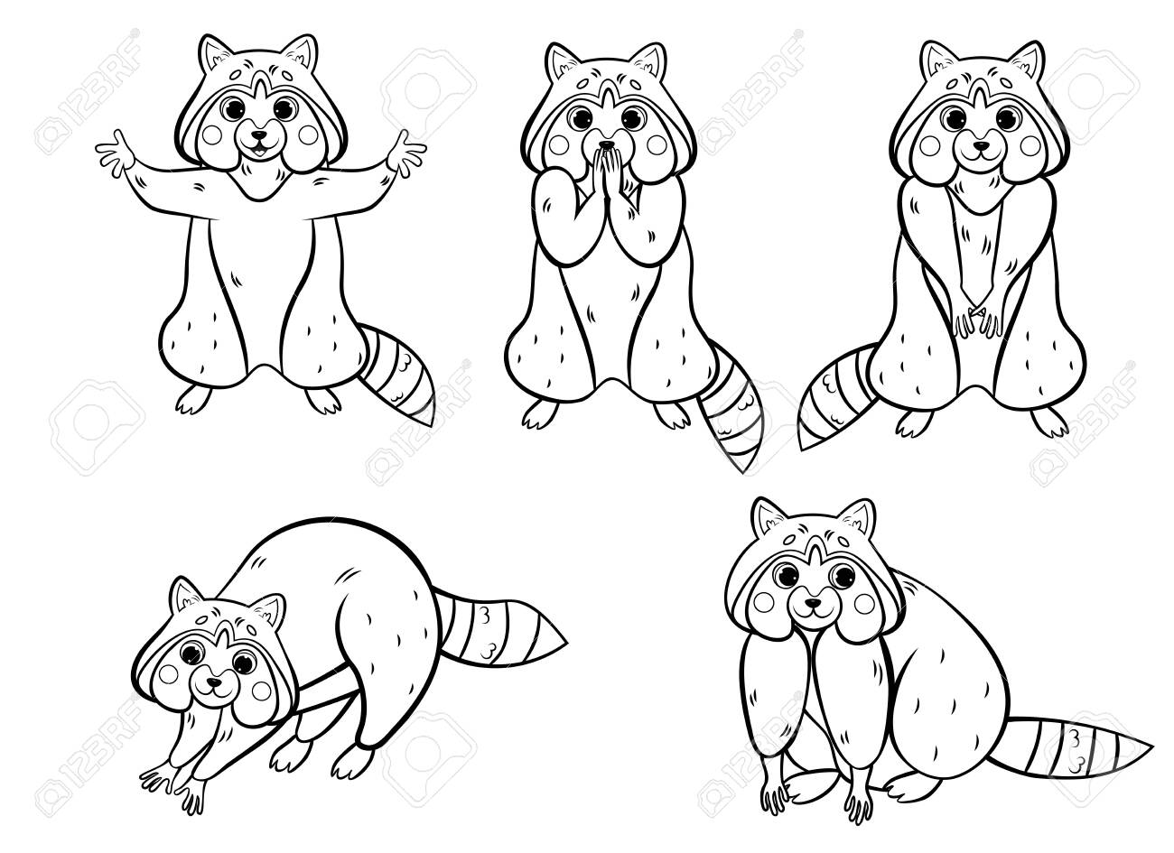 Coloring page outline of cute cartoon raccoon raccoon in different postures vector set isolated on white background coloring book of forest wild animals for kids royalty free svg cliparts vectors and stock