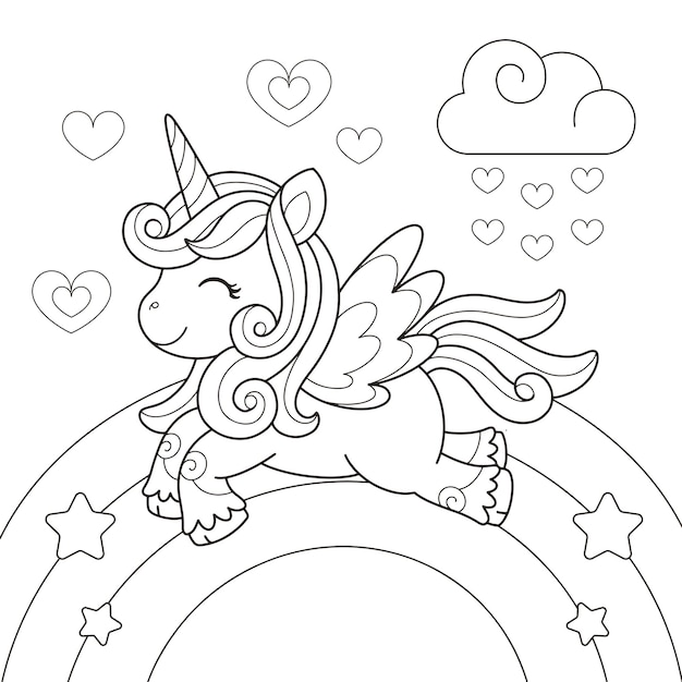 Premium vector cute unicorn rainbow coloring page illustration