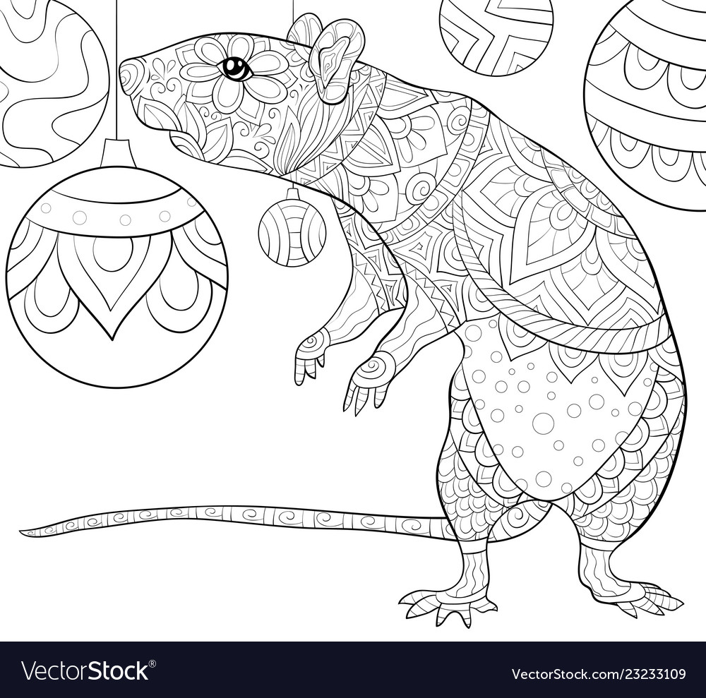 Adult coloring bookpage a cute rat with christmas vector image