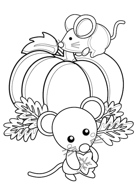 Premium vector cute rat mouse animal and pumpkins coloring pages a for kids and adult