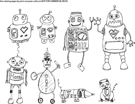 Cute robots coloring pages print cut paste craft