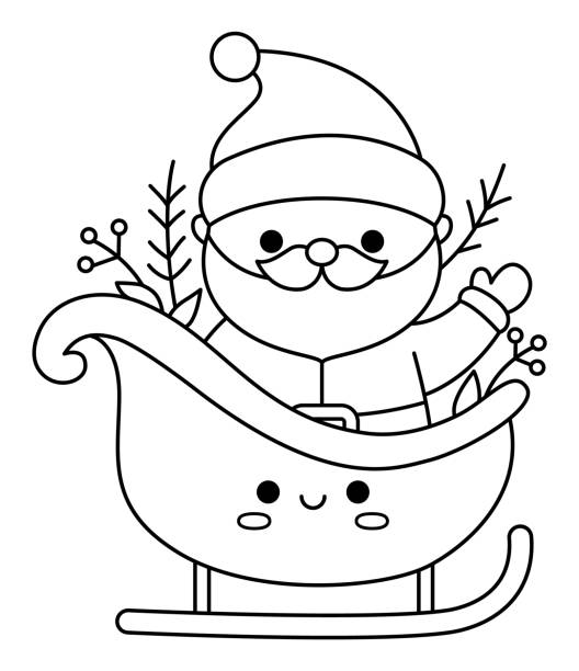 Vector black and white kawaii santa claus on sledge cute father frost illustration isolated on white christmas winter or new year character on sled funny line icon or coloring page stock illustration