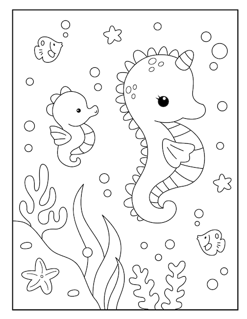 Premium vector cute seahorse coloring pages for kids