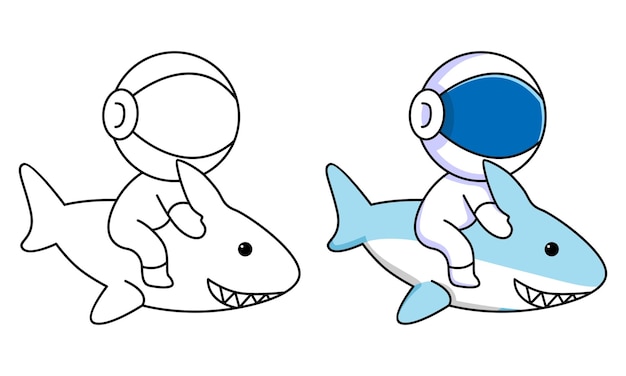 Premium vector cute astronaut sitting on shark coloring page for kids