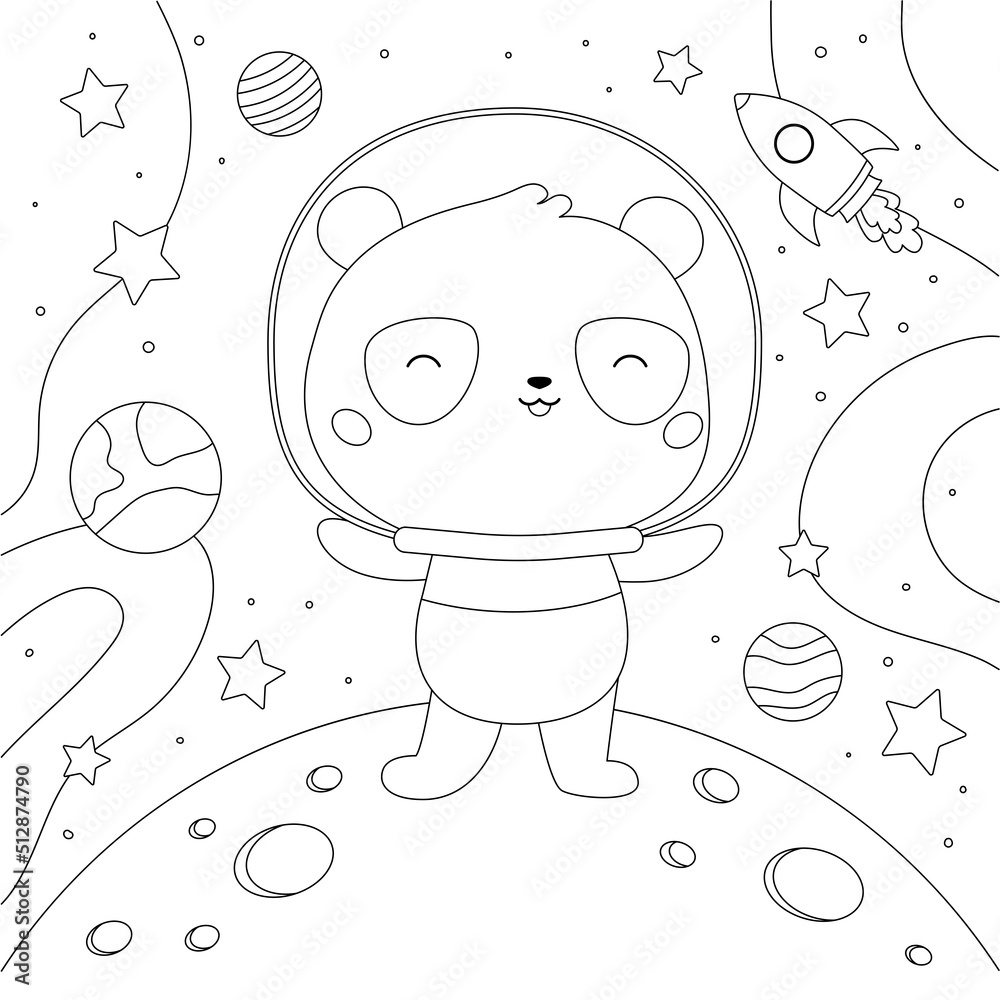 Coloring page with cute panda planets moon and stars on space background cartoon kawaii animal vector illustration for coloring book vector