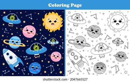 Space coloring game cute planets sun stock vector royalty free