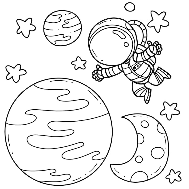 Premium vector cute astronaut on space hand drawn coloring book cartoon isolated on white