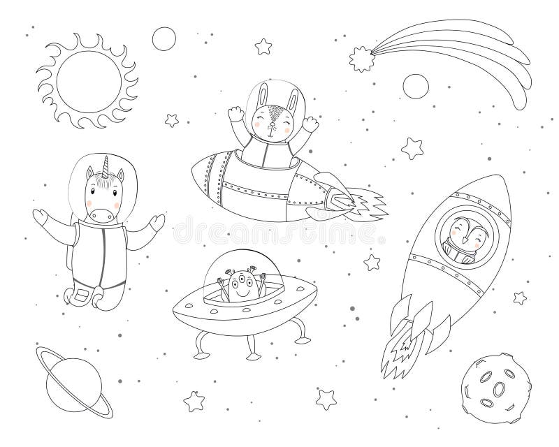 Cute animals in space coloring pages stock vector