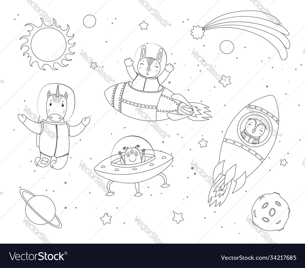 Cute animals in space coloring pages royalty free vector