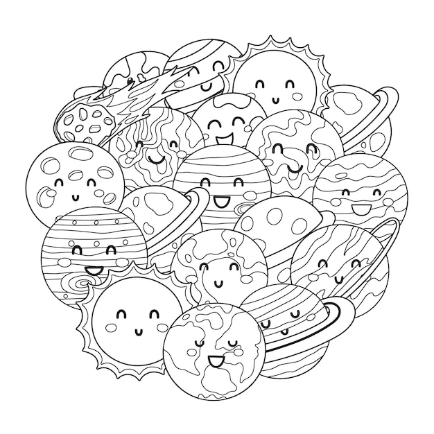 Premium vector cute planets circle shape pattern solar system planets coloring page space black and white mandala