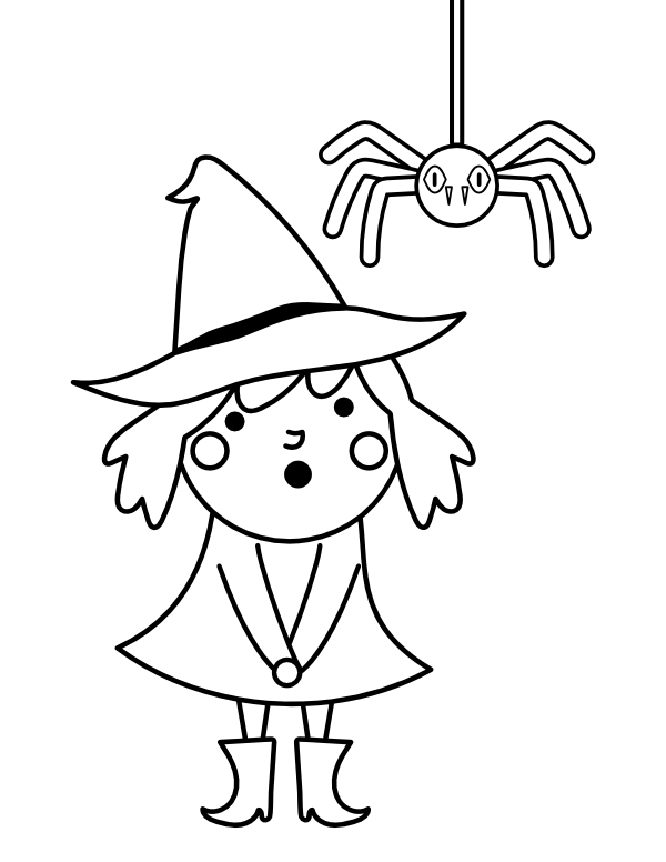 Printable cute witch and spider coloring page