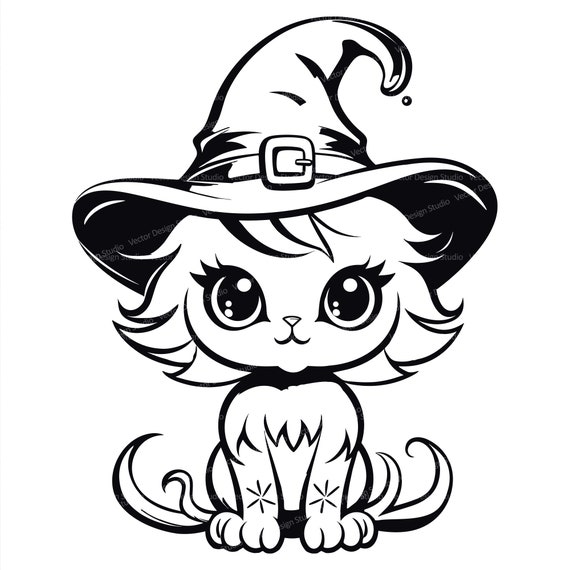 Cute kitten with witch hat svg png files halloween cat clipart silhouette vector image kids coloring page svg transparent background