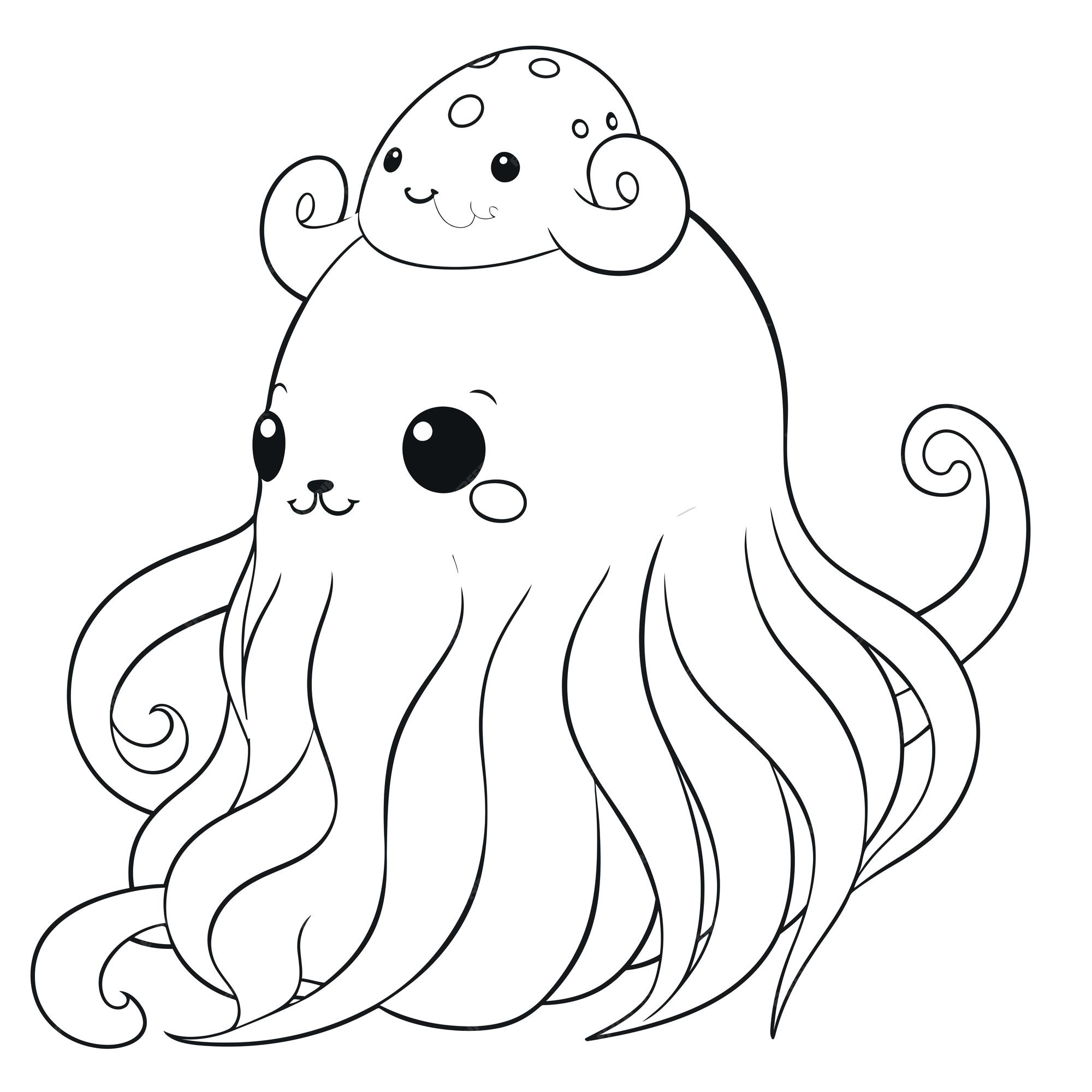 Premium vector a vector of a cute octopus in black and white coloring transparent white background