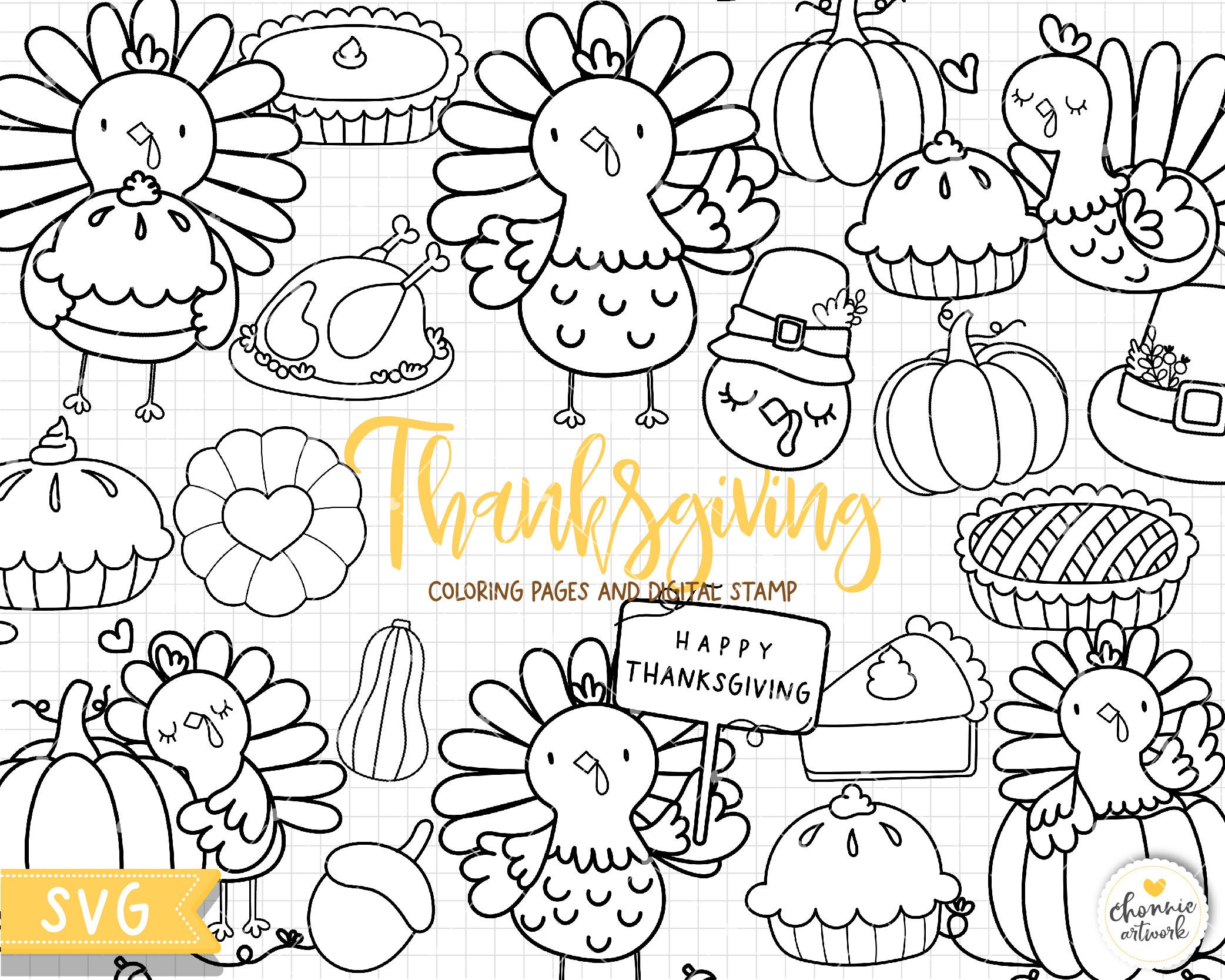 Happy thanksgiving with cute turkey coloring pages thanksgiving digital stamps thanksgiving svg thanksgiving clipart