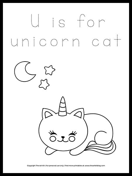 U is for unicorn cat coloring page â free printable â the art kit