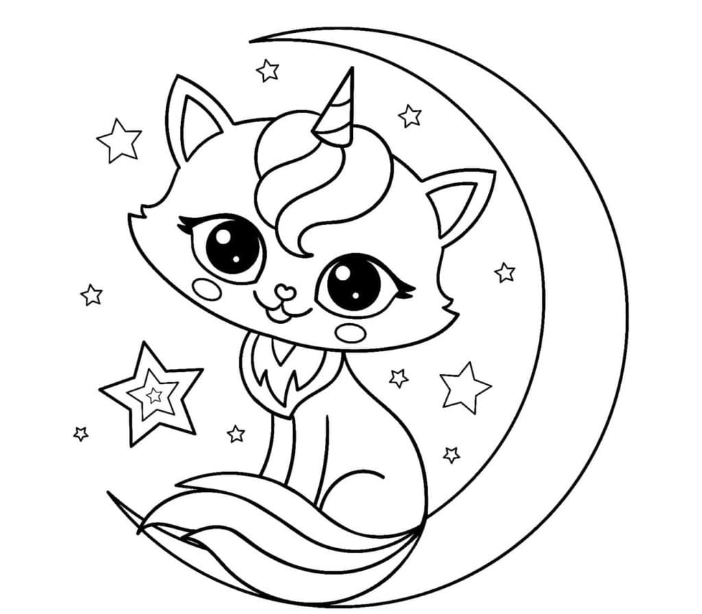Cute unicorn cat on the moon coloring page