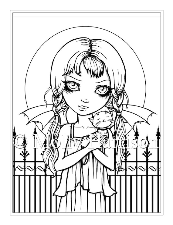 Cute vampire with cat instant download printable halloween fantasy molly harrison fantasy art coloring page jpg x